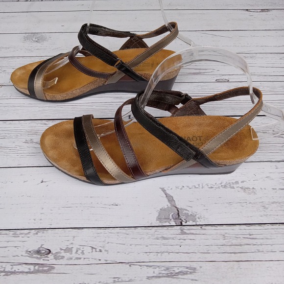Naot Women's Multi Strap Slingback Wedge Sandals Size 40 EU Brown Black Gold - Picture 1 of 8